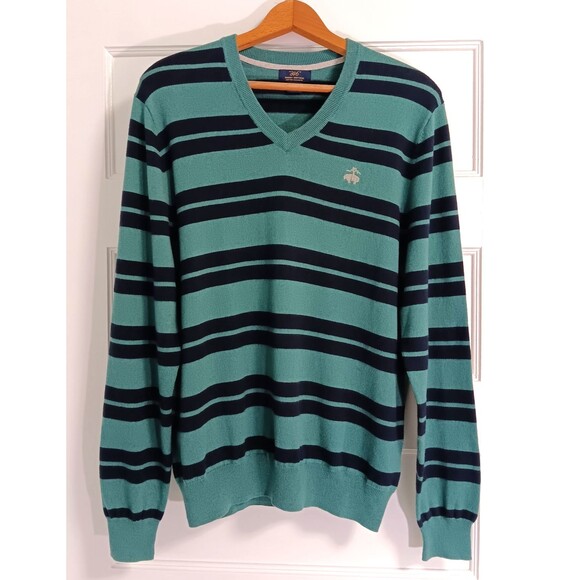 Brooks Brothers 346 Sweater Men M Green Striped Cotton Cashmere V-neck Rugby Dad - Picture 1 of 8